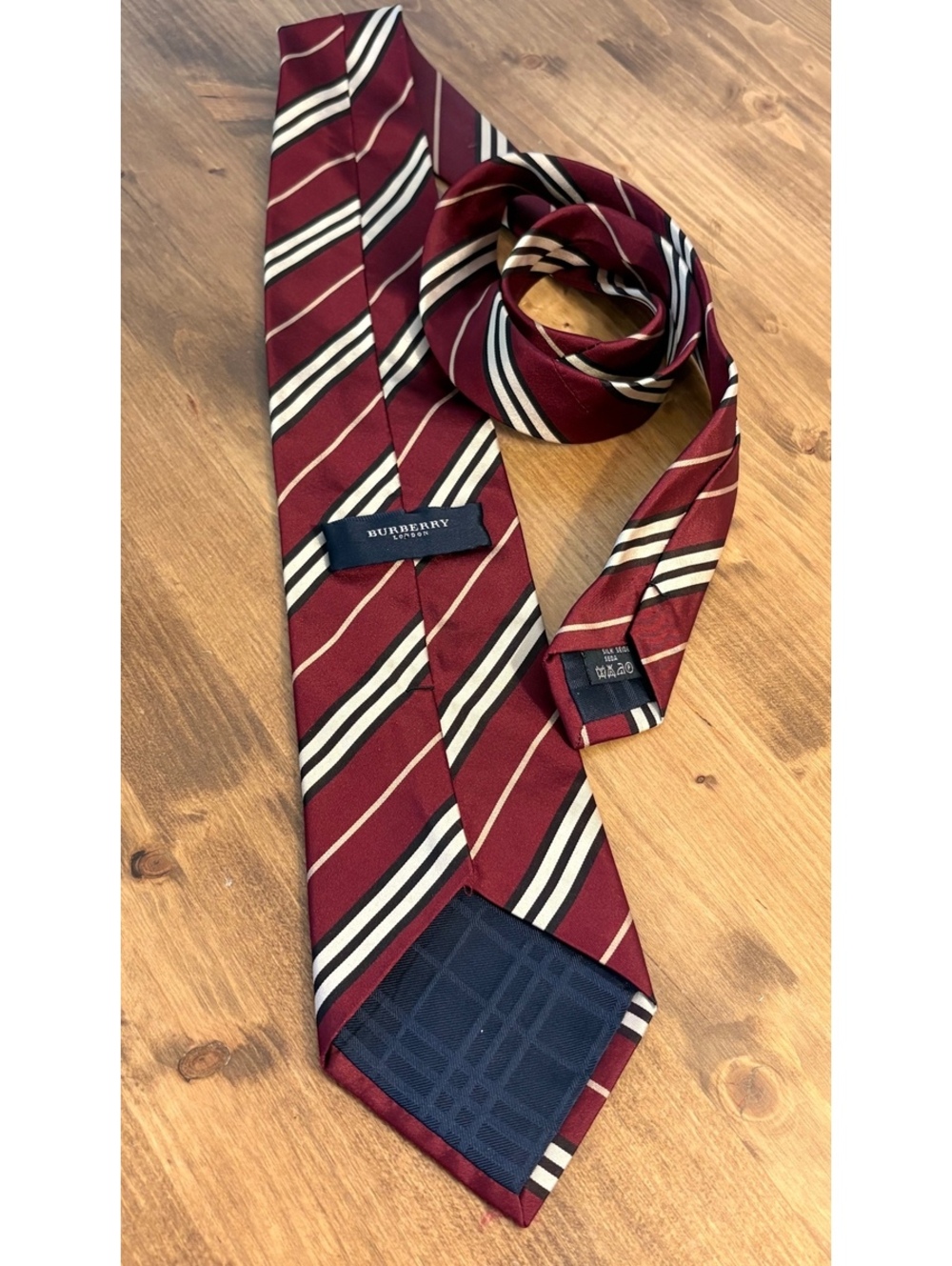 Burberry London Men's Silk Tie Burgundy with Stripes